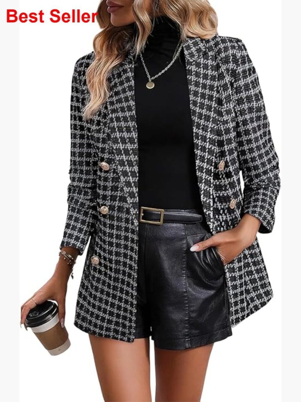 Plaid Tweed Blazer Double Breasted Open Front Long Sleeve